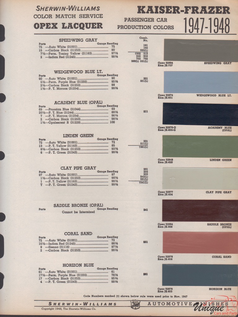 1947 Kaiser Paint Charts Williams 3